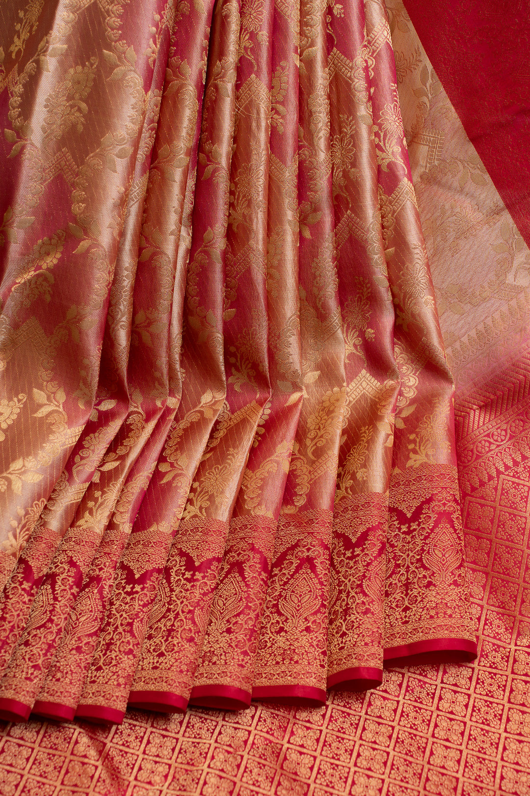 Peach and red rangkat brocade pure Kanchipuram silk saree