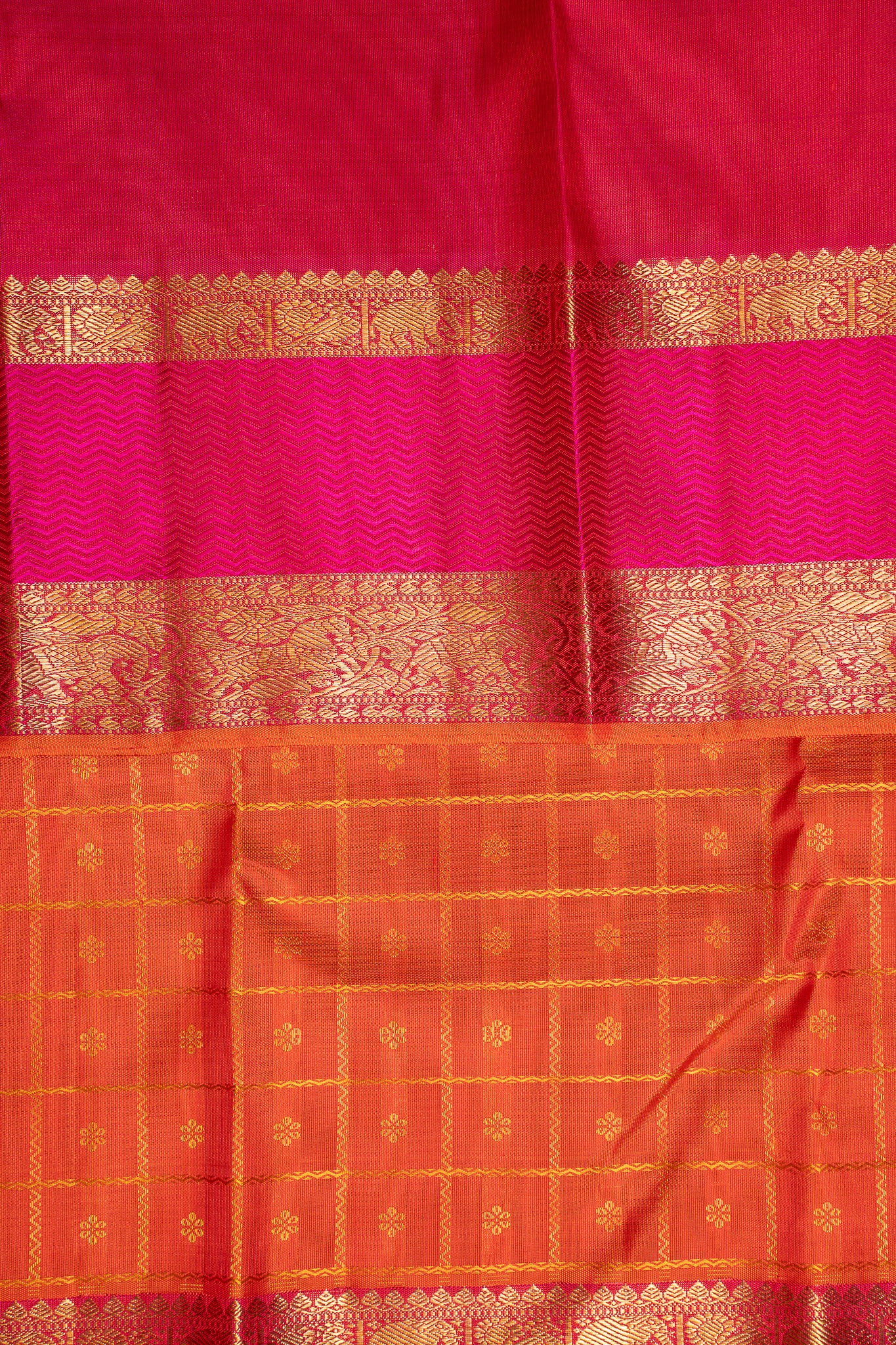 Tangerine Orange Veldhari Checks Pure Zari Kanchipuram Silk Saree - Clio Silks