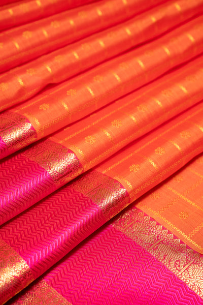 Tangerine Orange Veldhari Checks Pure Zari Kanchipuram Silk Saree - Clio Silks