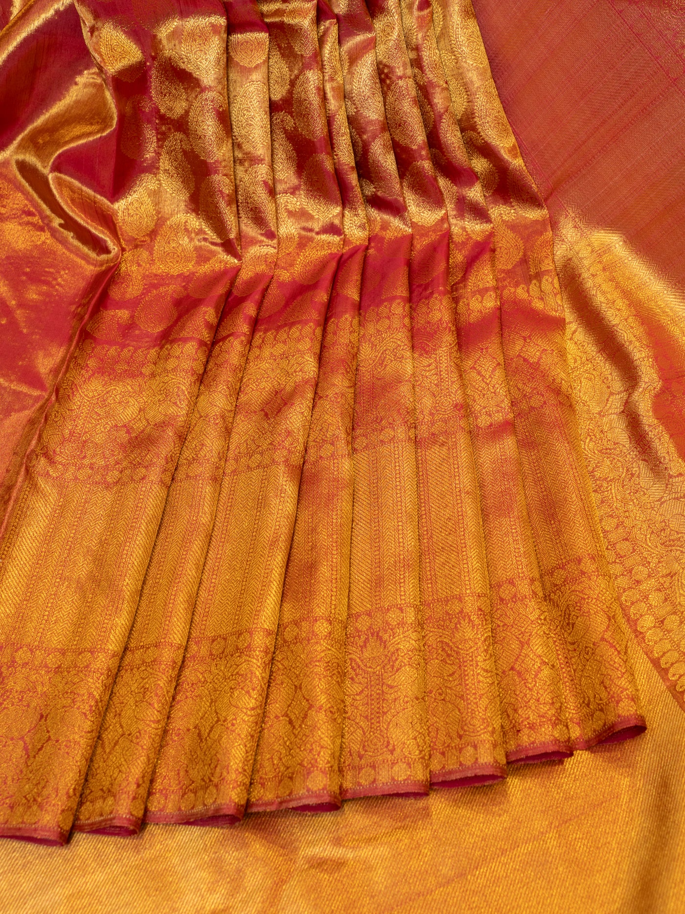 Red and gold paisley pure zari tissue Kanchipuram silk saree