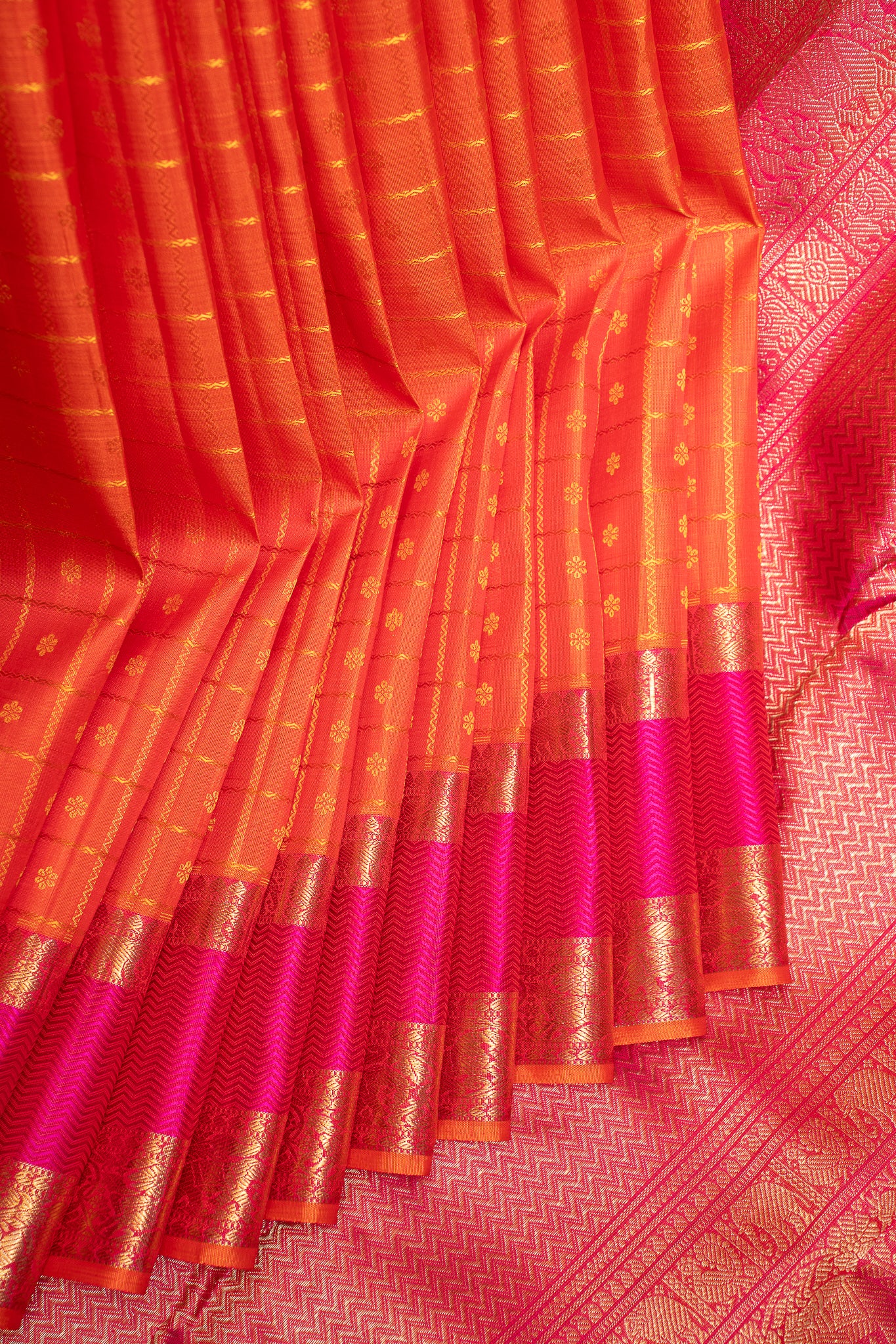 Tangerine Orange Veldhari Checks Pure Zari Kanchipuram Silk Saree - Clio Silks