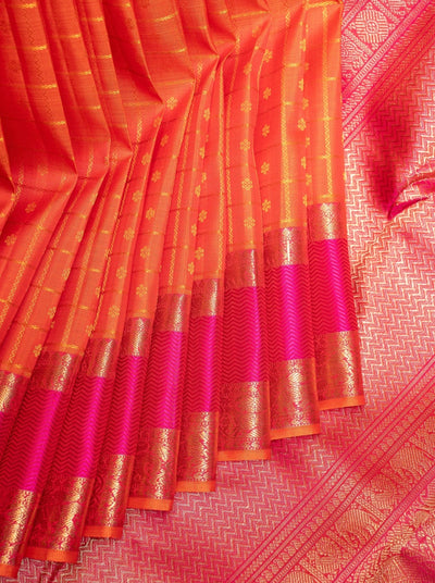 Tangerine Orange Veldhari Checks Pure Zari Kanchipuram Silk Saree - Clio Silks