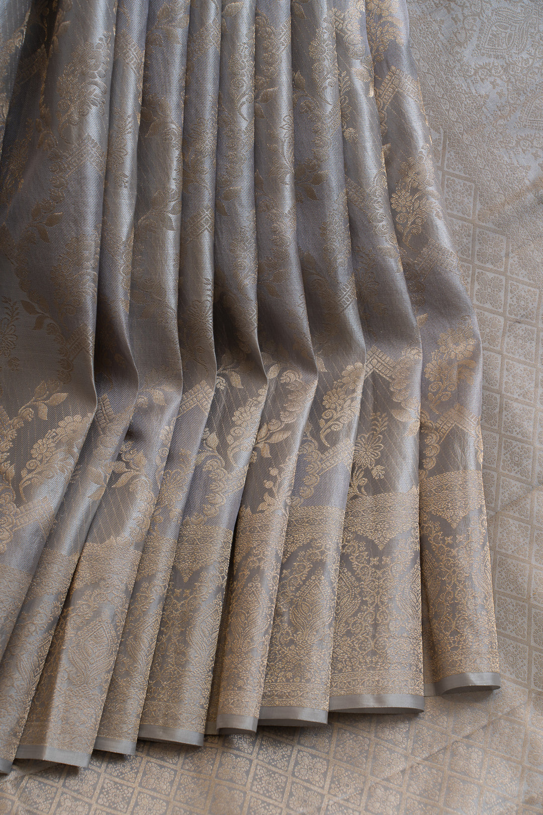 Grey and gold rangkat brocade pure Kanchipuram silk saree