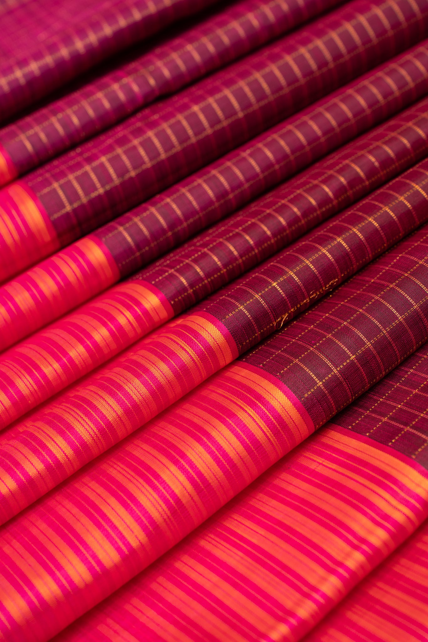 Purple checks and pink stripes pure Kanchipuram silk saree