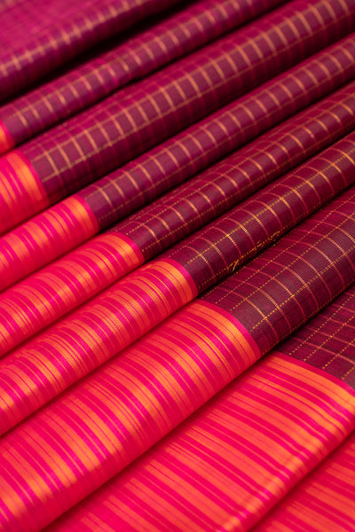 Purple checks and pink stripes pure Kanchipuram silk saree