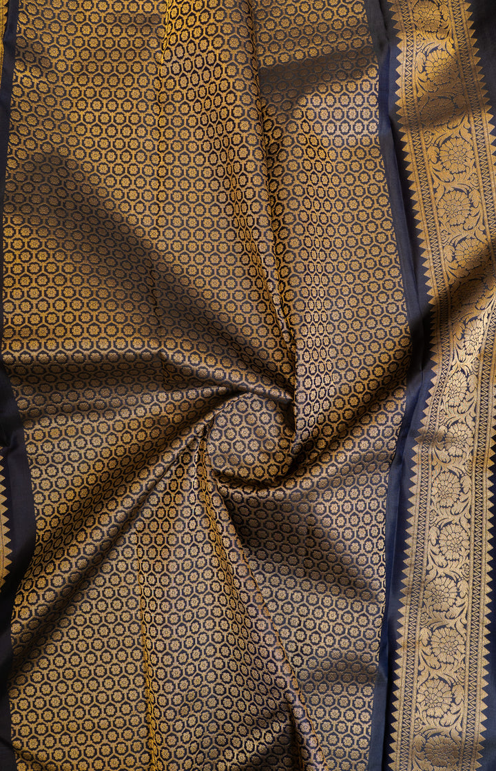 Peacock blue and black traditional pure Kanchipuram silk saree