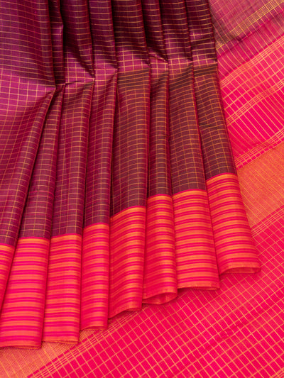 Purple checks and pink stripes pure Kanchipuram silk saree