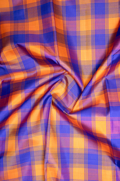 Orange and Blue Multi Checks Pure Kanchipuram Silk Saree - Clio Silks