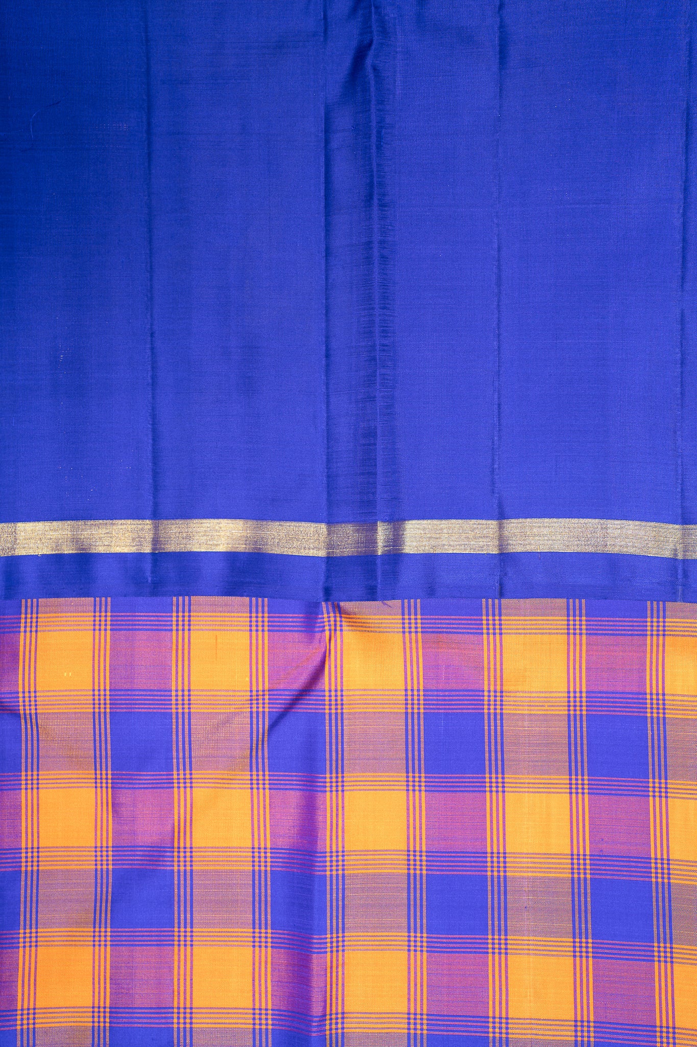 Orange and Blue Multi Checks Pure Kanchipuram Silk Saree - Clio Silks