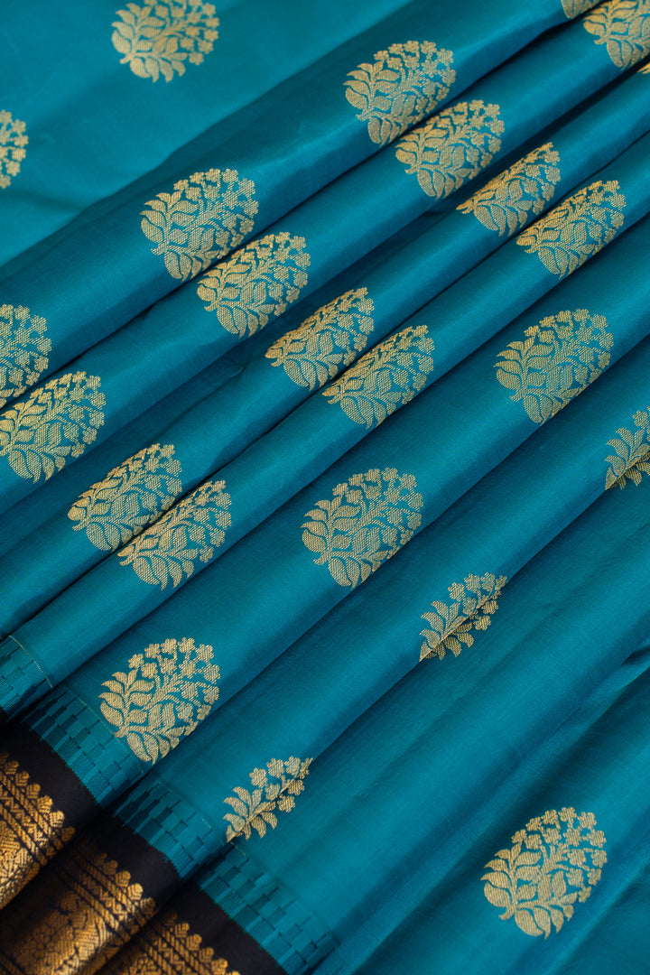 Peacock blue and black traditional pure Kanchipuram silk saree