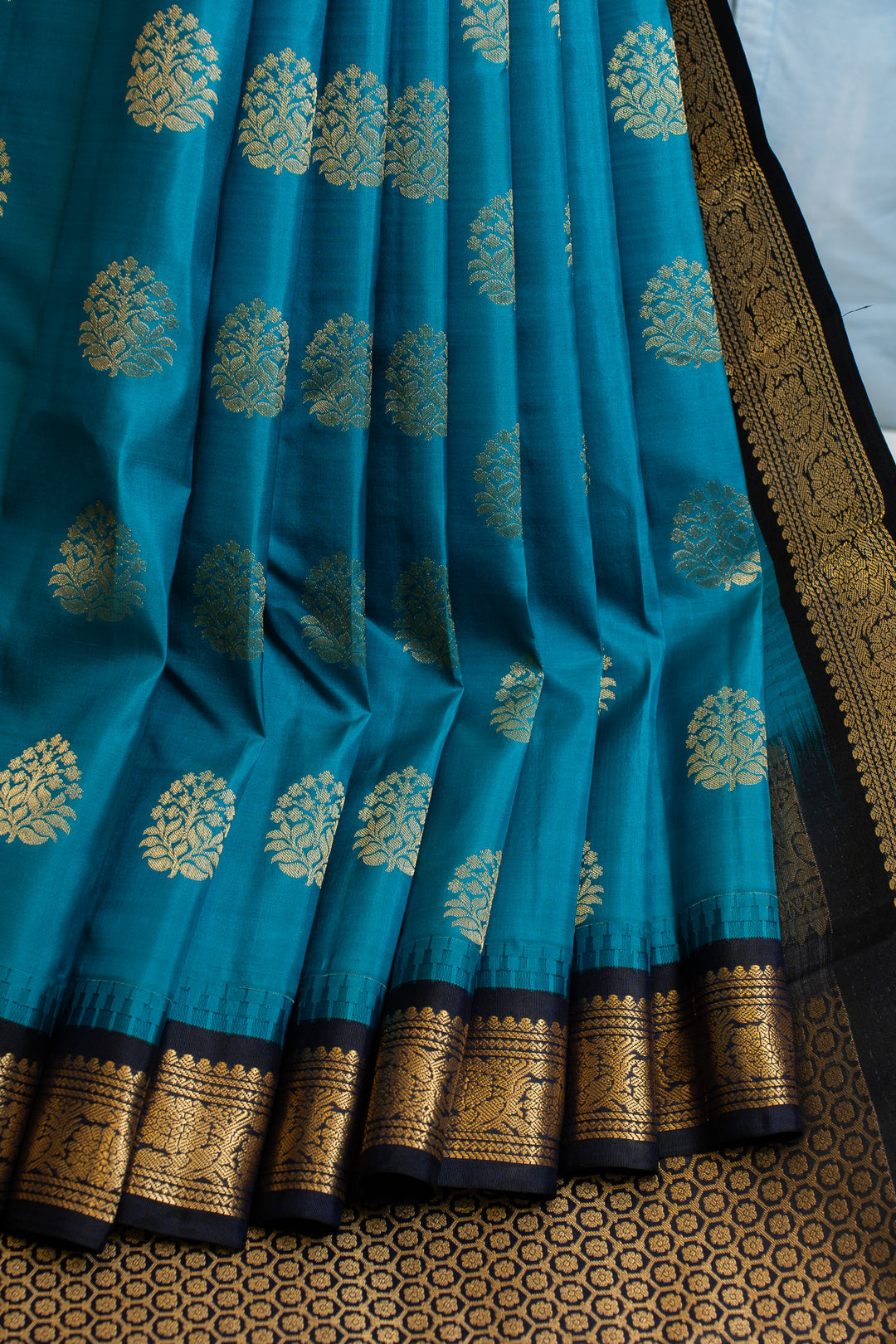 Peacock blue and black traditional pure Kanchipuram silk saree