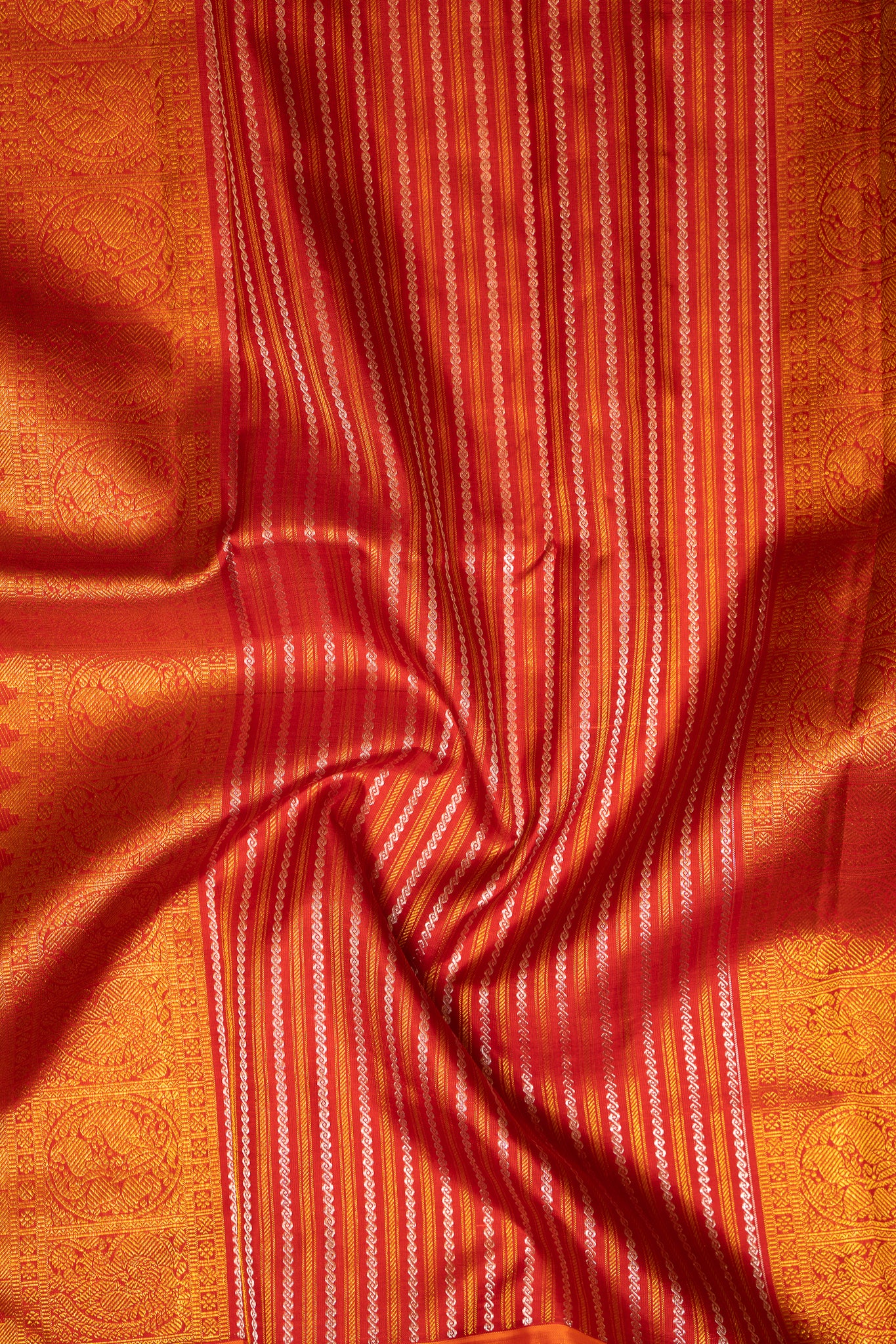 Pearl White and Rust Orange Rettai Pettu Pure Kanchipuram Silk saree - Clio Silks