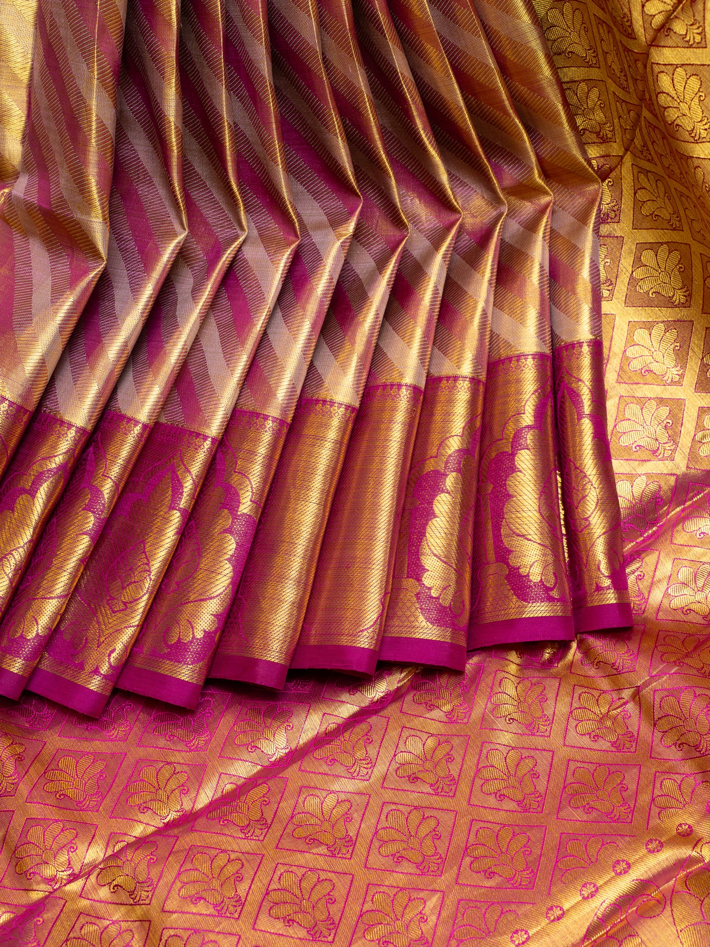 Gold and Magenta Stripes Brocade Pure Kanchipuram Silk Saree