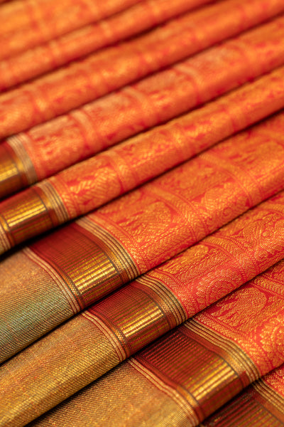 Vermillion red pure zari brocade Kanchipuram silk saree