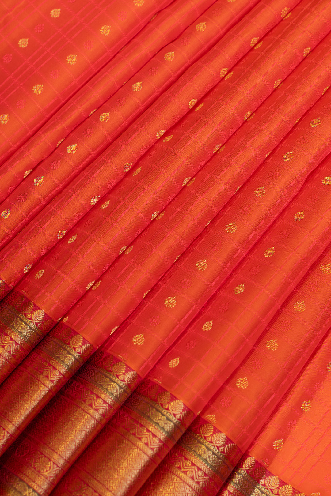 Orange thread checks traditional pure Kanchipuram silk saree