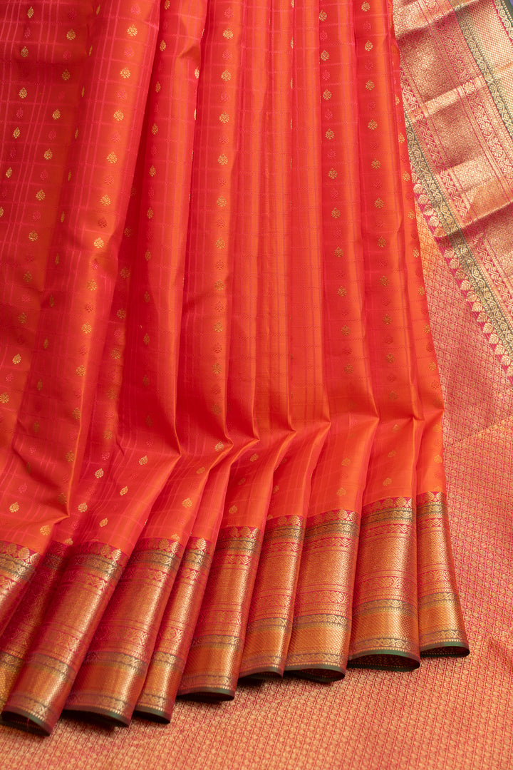 Orange thread checks traditional pure Kanchipuram silk saree