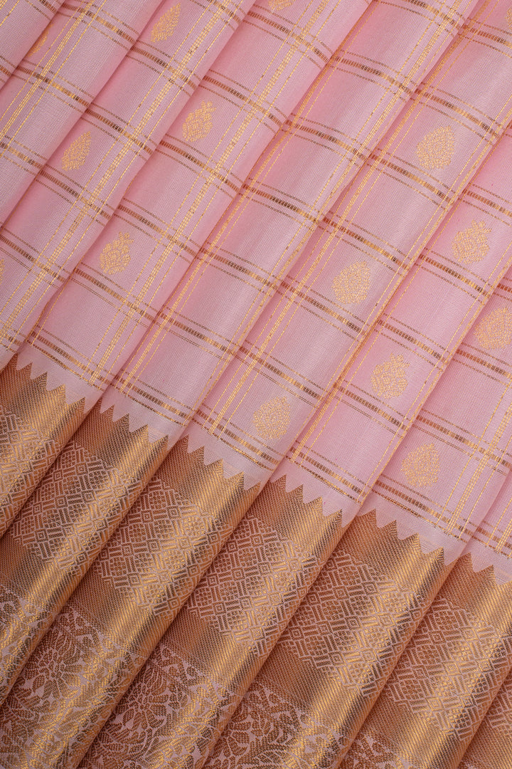 Baby Pink Zari Checks Pure Kanchipuram Silk Saree
