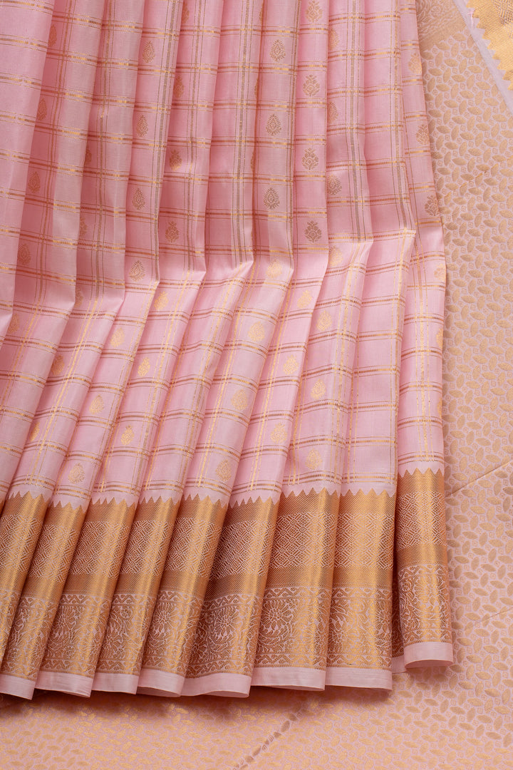 Baby Pink Zari Checks Pure Kanchipuram Silk Saree
