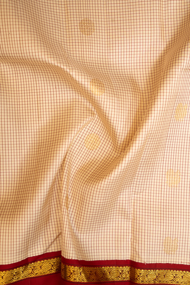 Ivory Podikattam and Maroon Rettai Pettu Pure Kanchipuram Silk Saree - Clio Silks