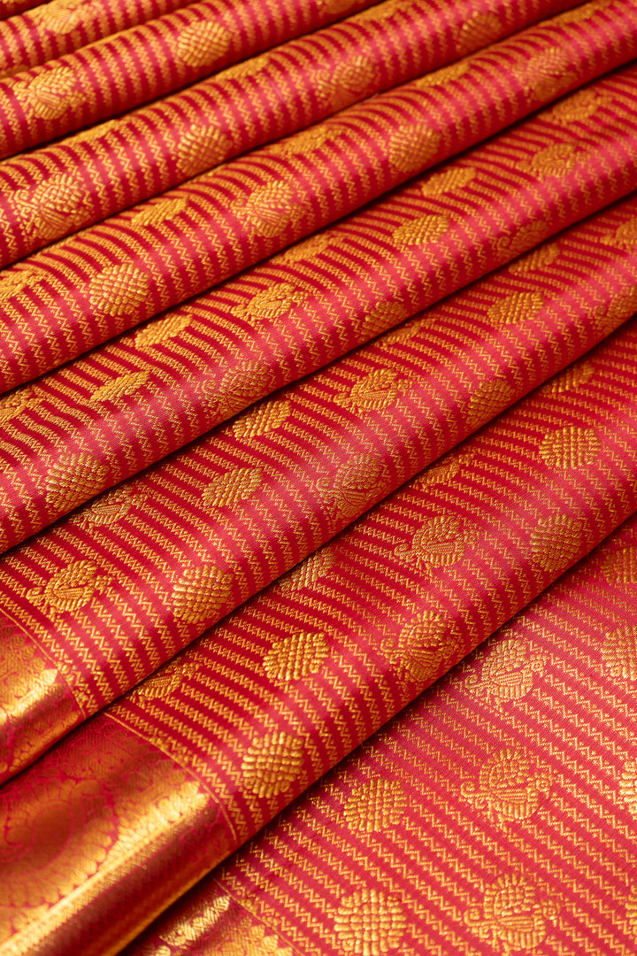 Reddish Maroon Zari Stripes Pure Kanchipuram Silk Saree - Clio Silks