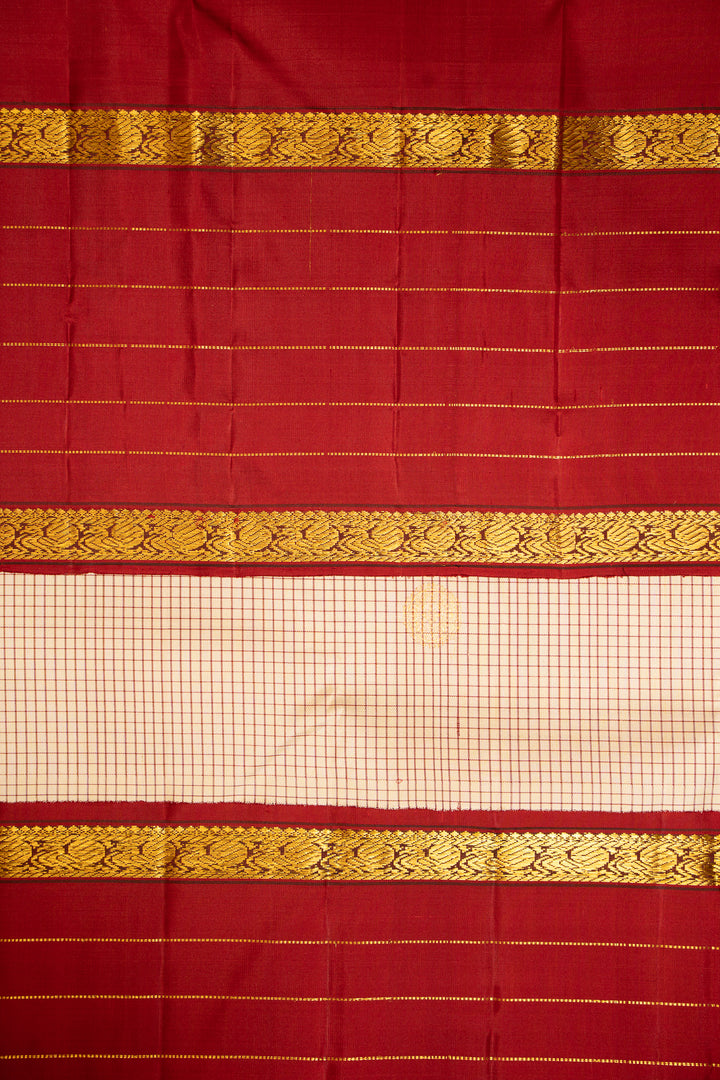 Ivory Podikattam and Maroon Rettai Pettu Pure Kanchipuram Silk Saree - Clio Silks