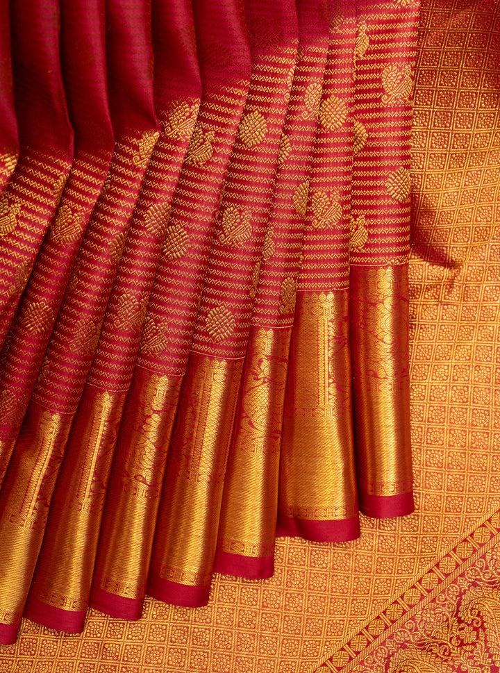 Reddish Maroon Zari Stripes Pure Kanchipuram Silk Saree - Clio Silks