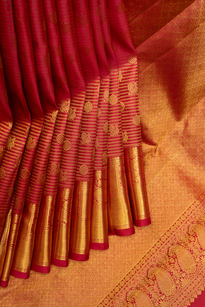 Reddish Maroon Zari Stripes Pure Kanchipuram Silk Saree - Clio Silks