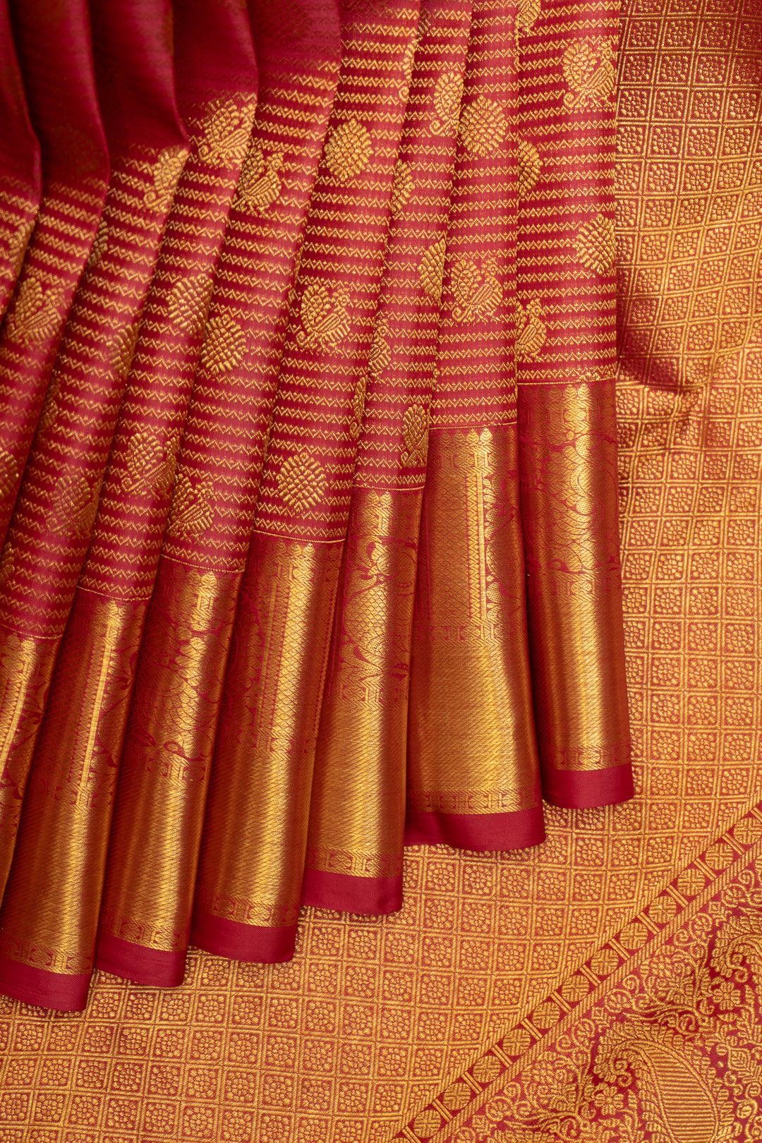 Reddish Maroon Zari Stripes Pure Kanchipuram Silk Saree - Clio Silks