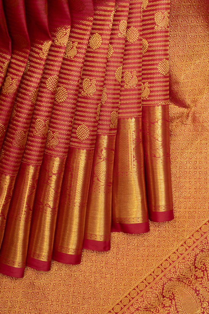 Reddish Maroon Zari Stripes Pure Kanchipuram Silk Saree - Clio Silks