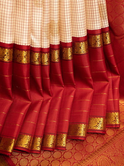 Ivory Podikattam and Maroon Rettai Pettu Pure Kanchipuram Silk Saree - Clio Silks