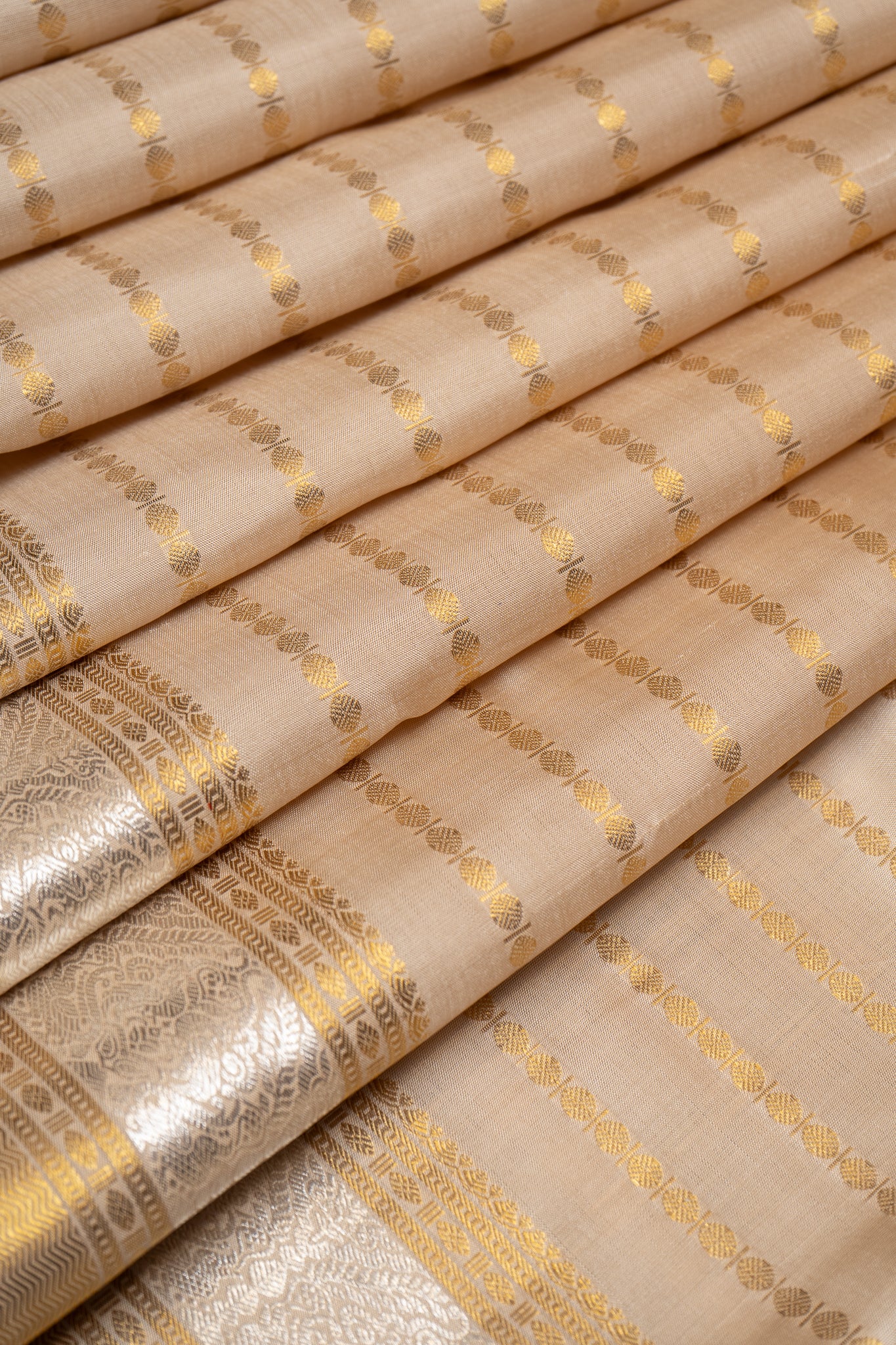 Beige and Gold Stripes Pure Kanchipuram Silk Saree - Clio Silks