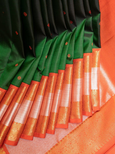 Cadmium Green and Orange Pure Zari Kanchipuram Silk Saree - Clio Silks