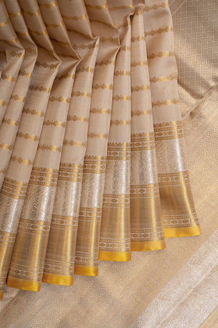 Beige and Gold Stripes Pure Kanchipuram Silk Saree - Clio Silks