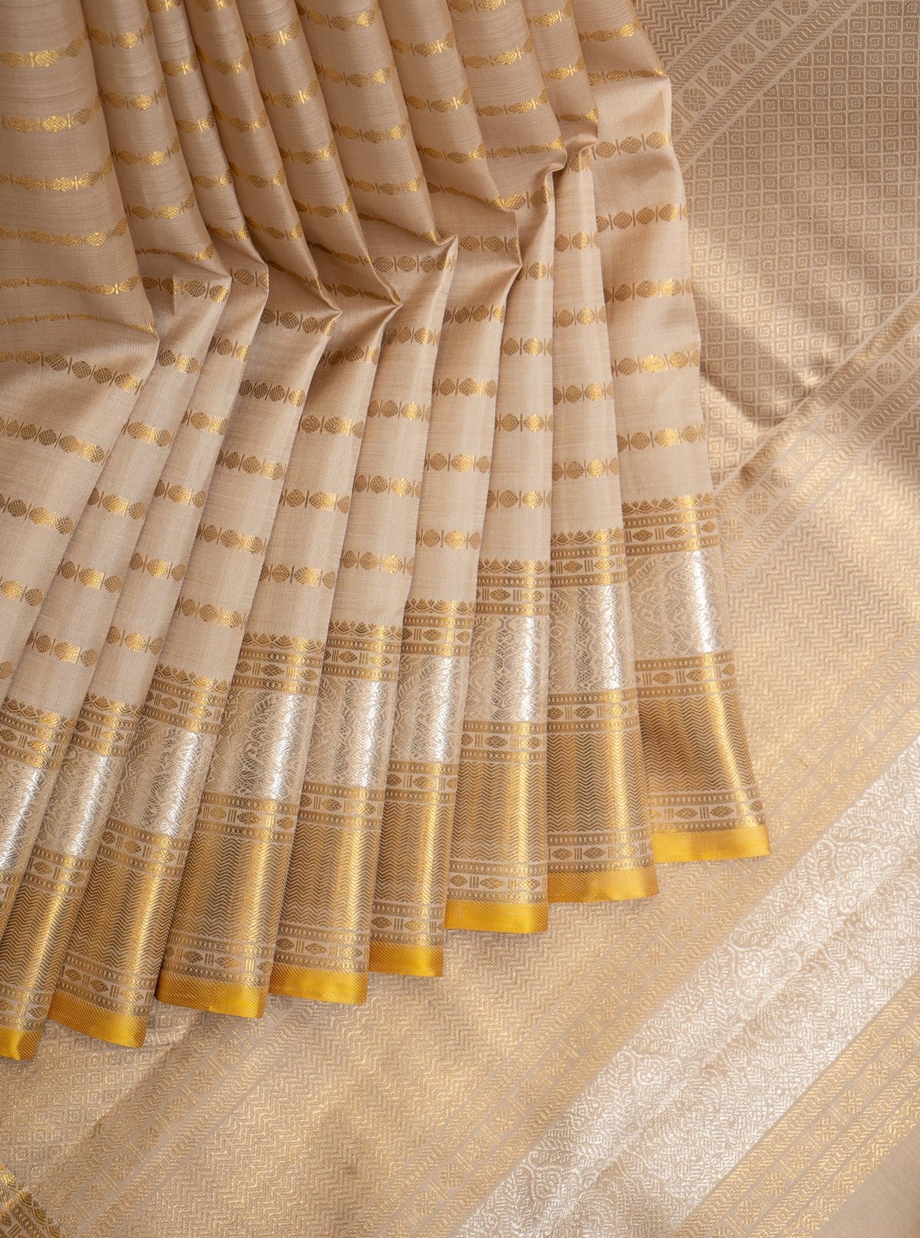 Beige and Gold Stripes Pure Kanchipuram Silk Saree - Clio Silks