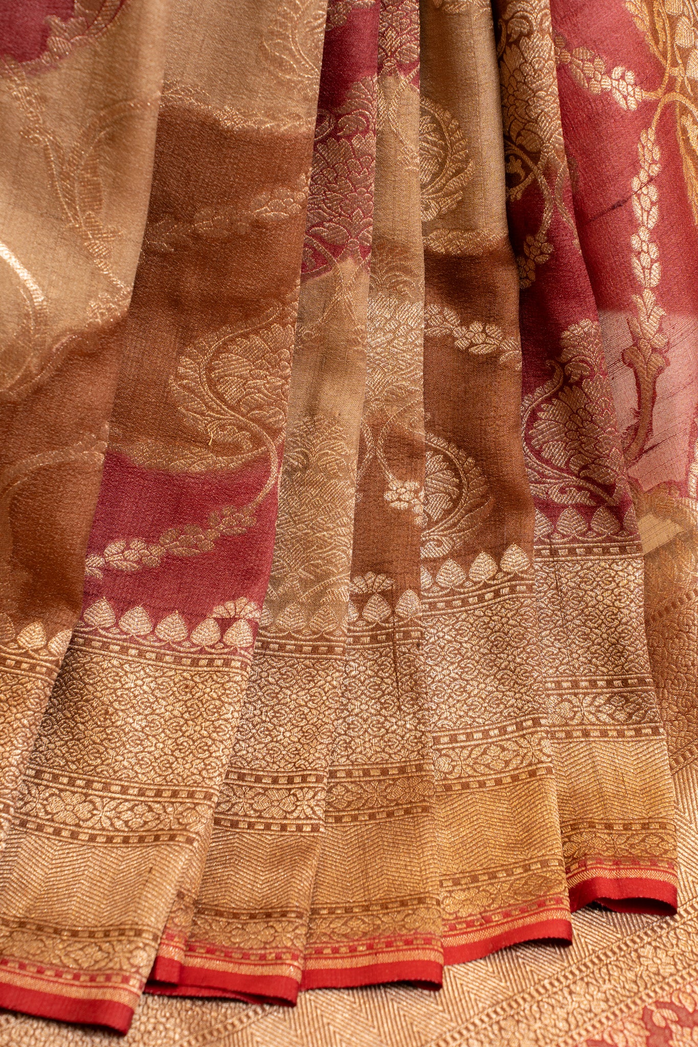 Beige and maroon pure Banaras rangkat Tussar georgette saree