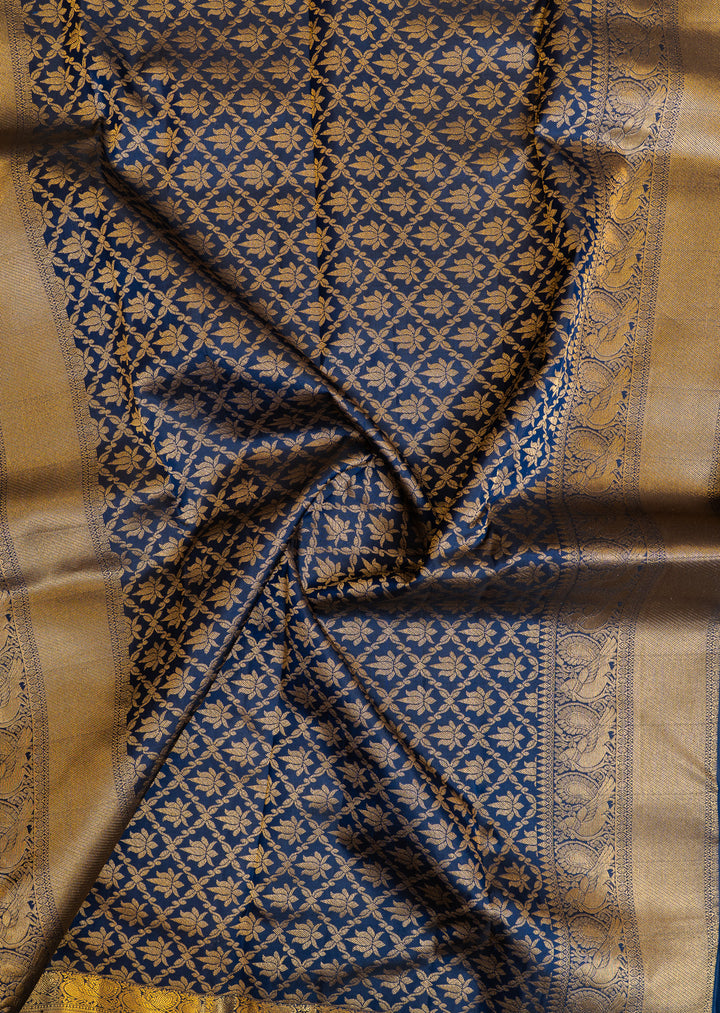 Dark blue threadwork pure Kanchipuram silk saree