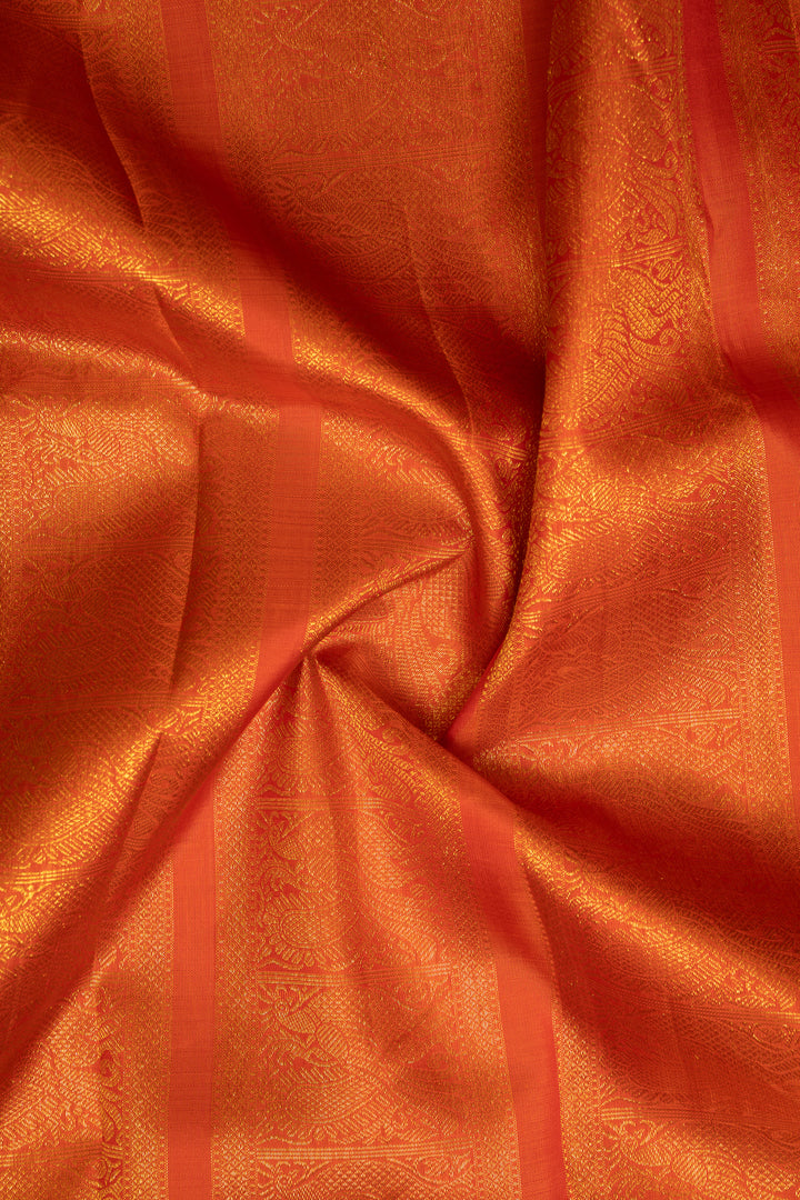 Pearl White and Orange Rettai Pettu Pure Kanchipuram Silk Saree - Clio Silks
