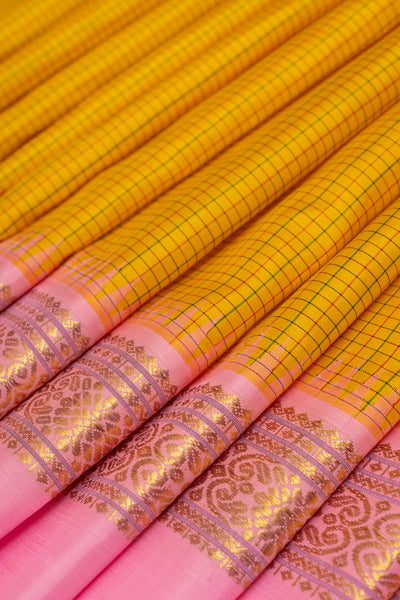 Yellow checks Ganga Jamuna pure Kanchipuram silk saree