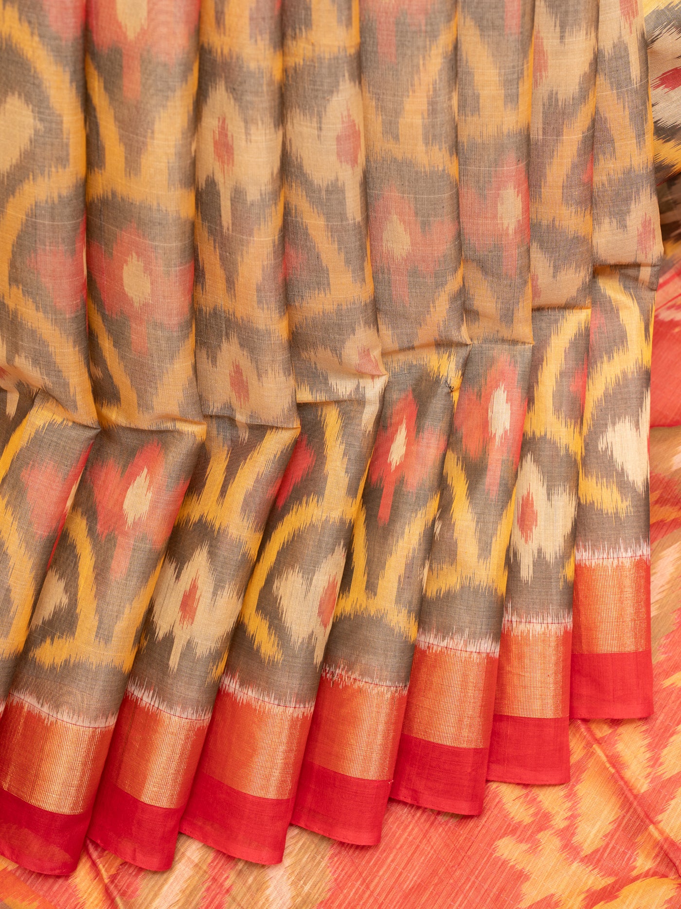 Grey and beige ikat pure silk cotton saree