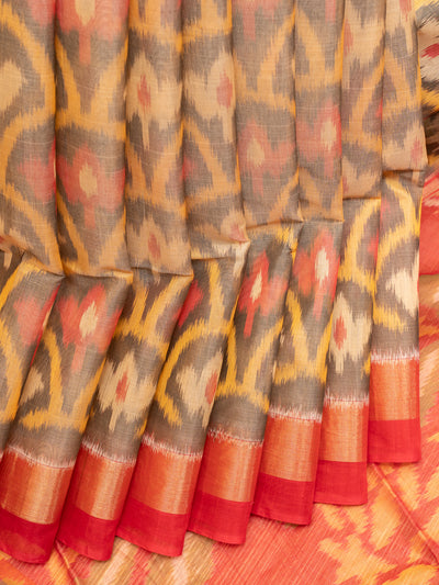 Grey and beige ikat pure silk cotton saree