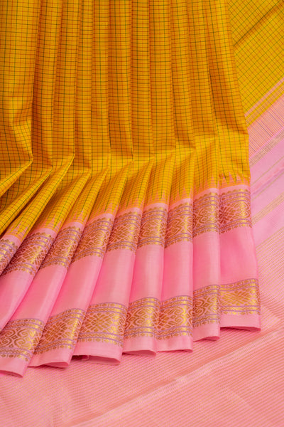 Yellow checks Ganga Jamuna pure Kanchipuram silk saree