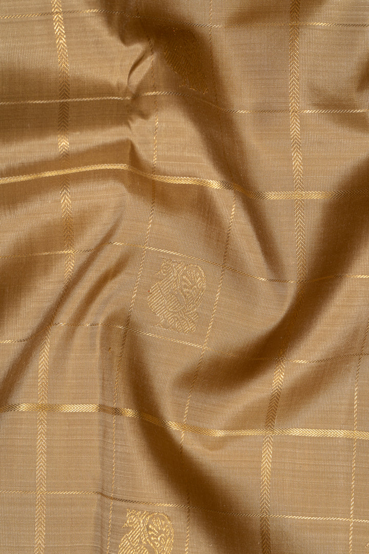 Khaki Gold and Lotus Pink Pure Zari Kanchipuram Silk Saree - Clio Silks