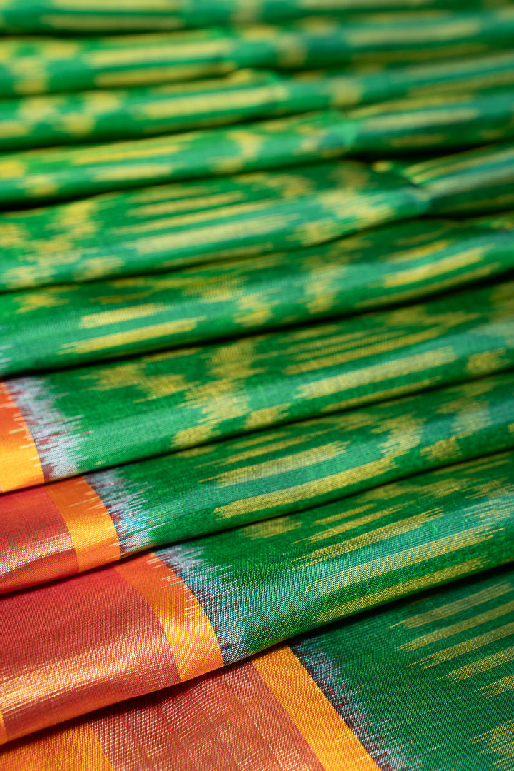 Forest Green and Mustard Pure Ikat Silk Saree - Clio Silks