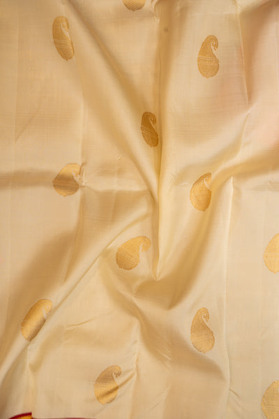 Pearl White and Orange Rettai Pettu Pure Kanchipuram Silk Saree - Clio Silks