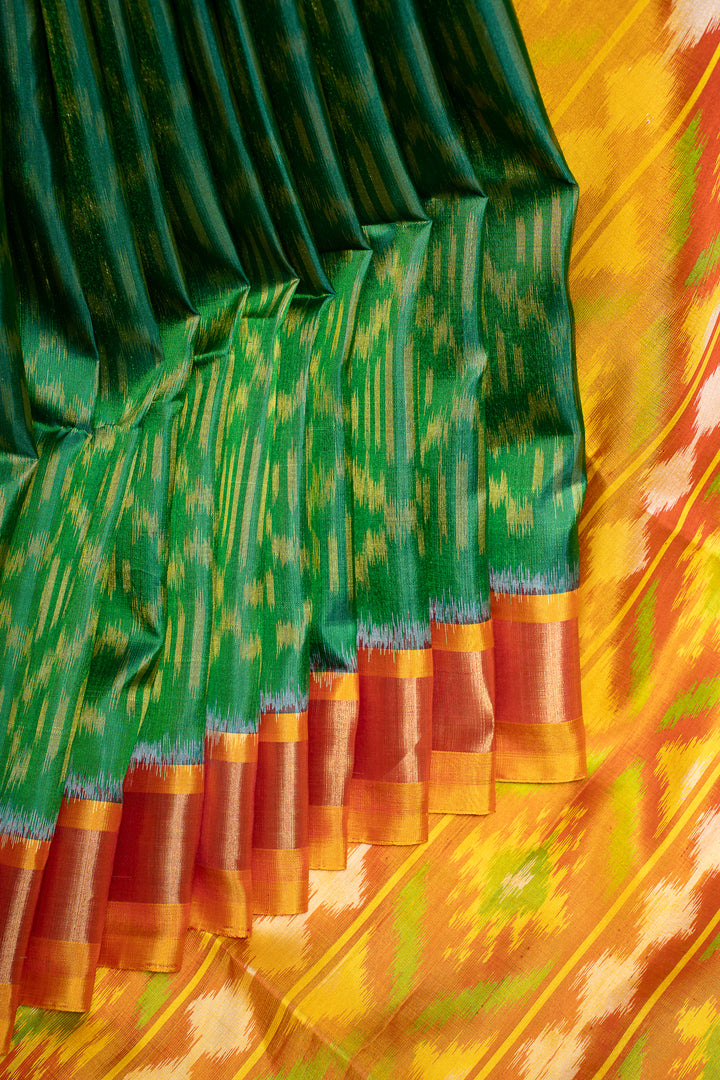 Forest Green and Mustard Pure Ikat Silk Saree - Clio Silks