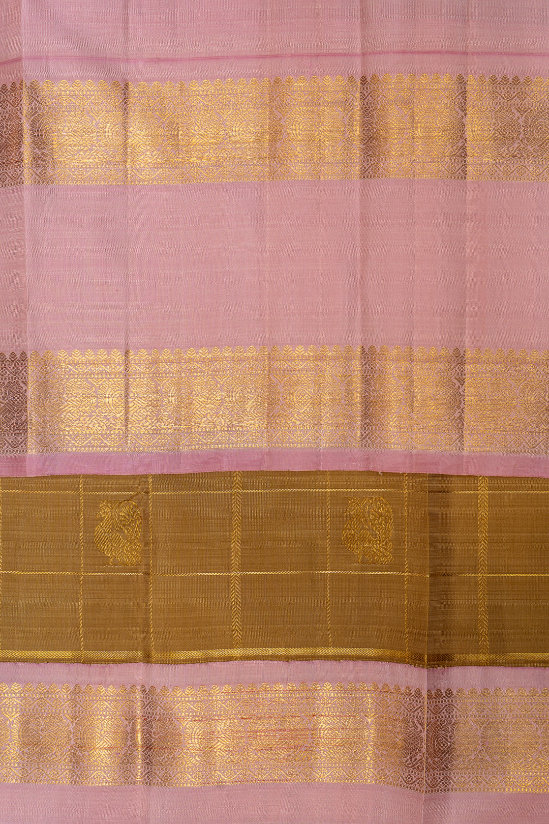 Khaki Gold and Lotus Pink Pure Zari Kanchipuram Silk Saree - Clio Silks