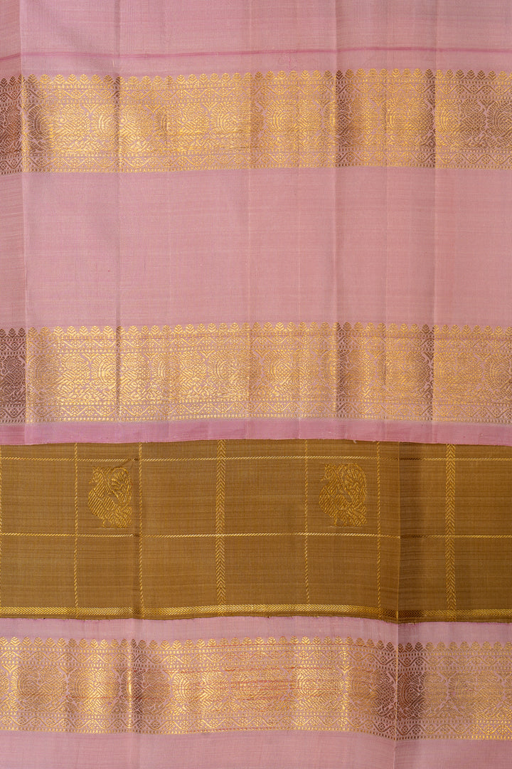 Khaki Gold and Lotus Pink Pure Zari Kanchipuram Silk Saree - Clio Silks