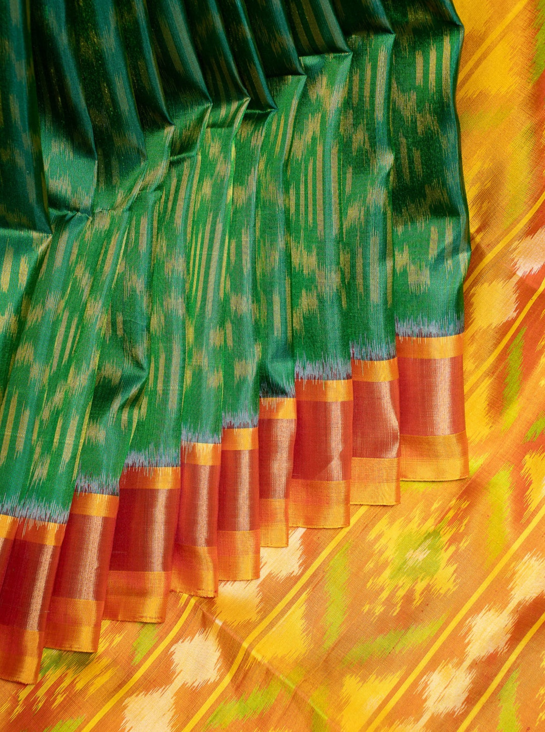 Forest Green and Mustard Pure Ikat Silk Saree - Clio Silks