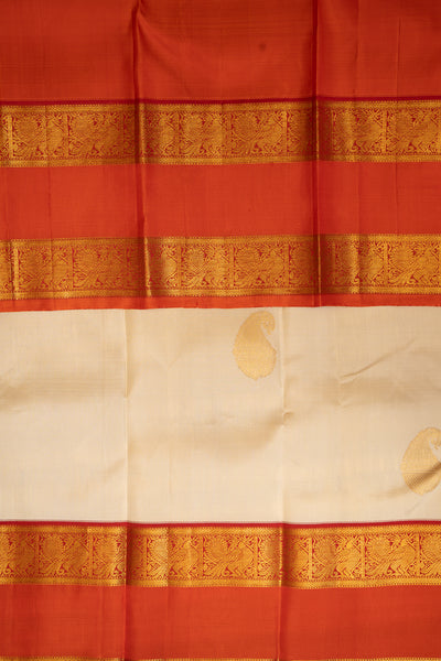 Pearl White and Orange Rettai Pettu Pure Kanchipuram Silk Saree - Clio Silks