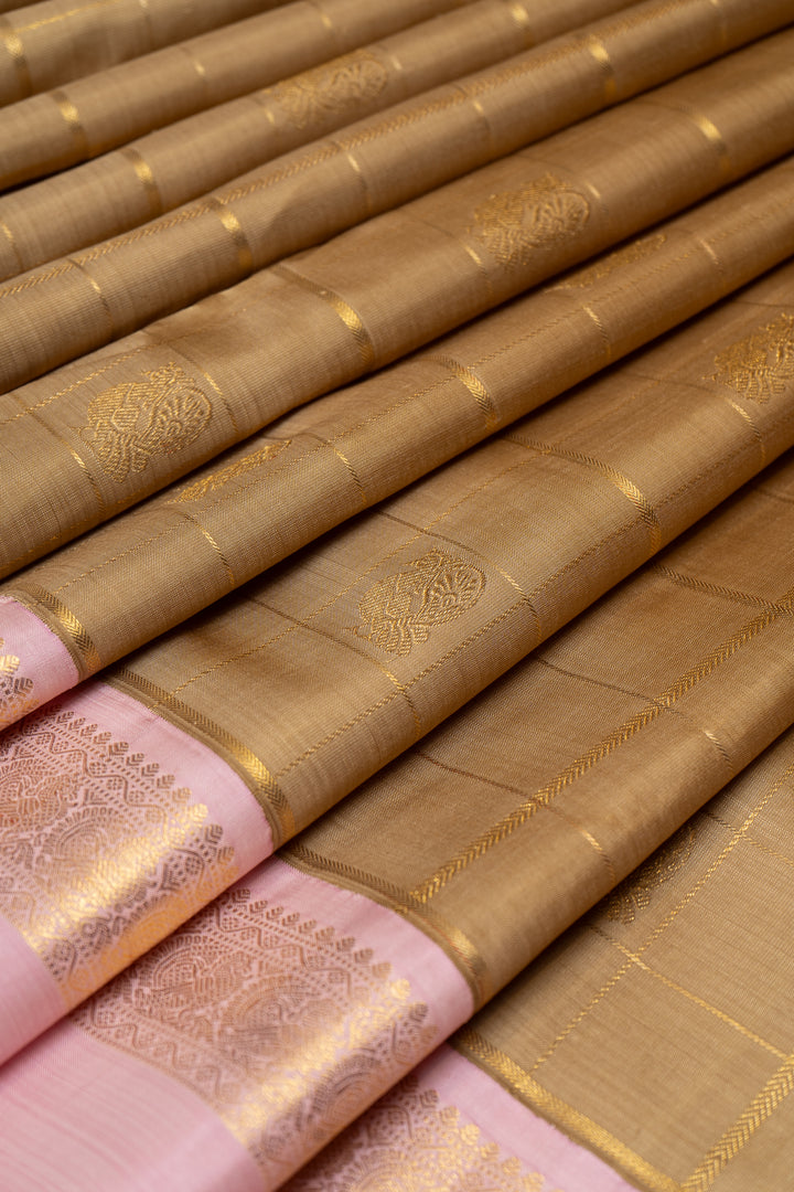 Khaki Gold and Lotus Pink Pure Zari Kanchipuram Silk Saree - Clio Silks